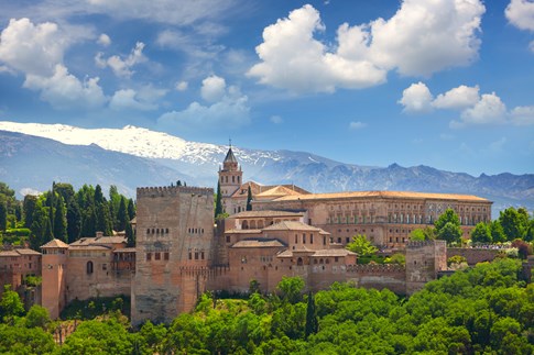 The Alhambra in Granada with the Sierra Nevada mountains in the background