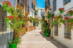 A narrow street with traditional white houses and flowers in Estepona