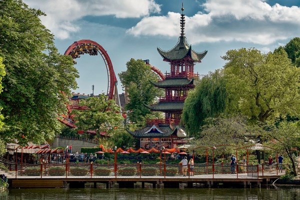 The Demon roller coaster and the Japanese Pagoda at Tivoli