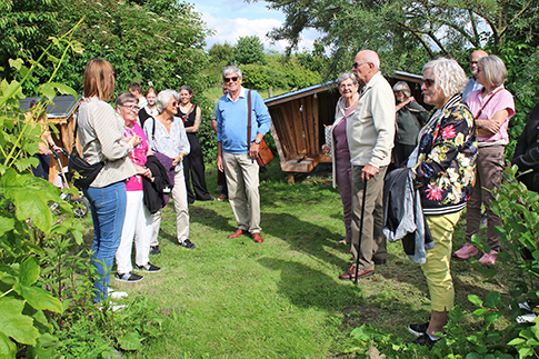 A group of elderly people stands in front of the shelter in Birkegårdens Haver